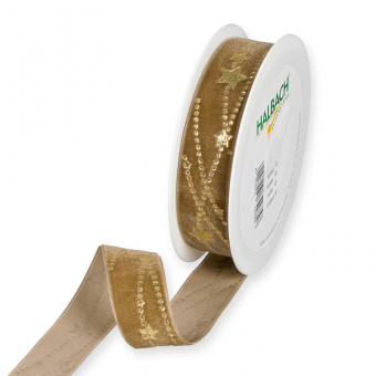 Samt-Druckband "Sternenkette" 25 mm | Natur/Gold